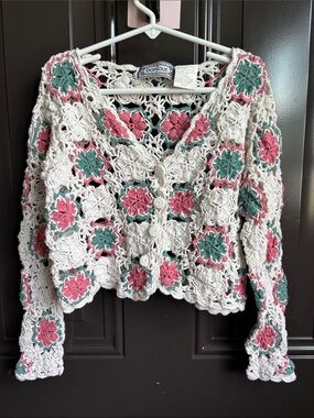 Bonjour Crochet Floral Cardigan in white, Pink & Green